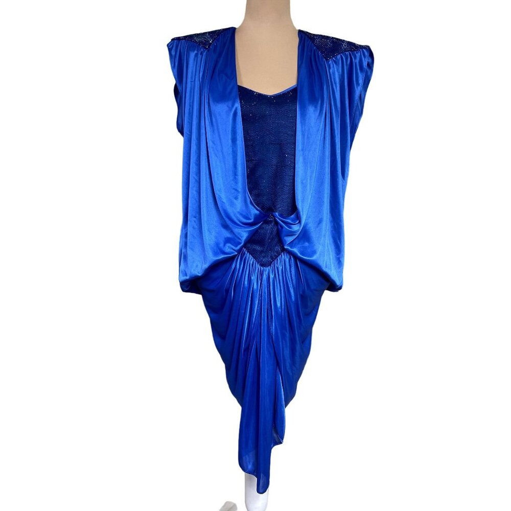 RS 80s Vintage Silky Royal Blue Draped One Piece Disco Dress with Shoulder Pads